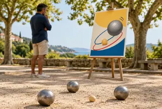 Affiche colorée sans texte présentant une boule de pétanque en orbite autour du cochonnet dans un boulodrome provençal.