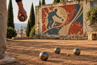 Boules de pétanque devant une ancienne affiche graphique aux formes rétro sur un boulodrome méditerranéen.