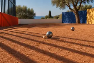 Boule de pétanque et bouchon soigneusement placés sur un boulodrome ocre, éclairés par des ombres géométriques aux couleurs vives.
