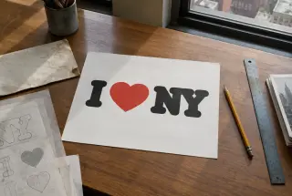 Bureau de graphiste des années 1970 avec une esquisse de cœur rouge entre des lettres noires, un crayon et une enveloppe sur une feuille de travail.